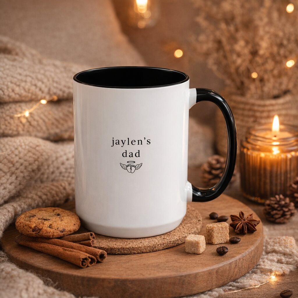 Personalized bereaved father mug with a baby's name in a warm candlelit setting