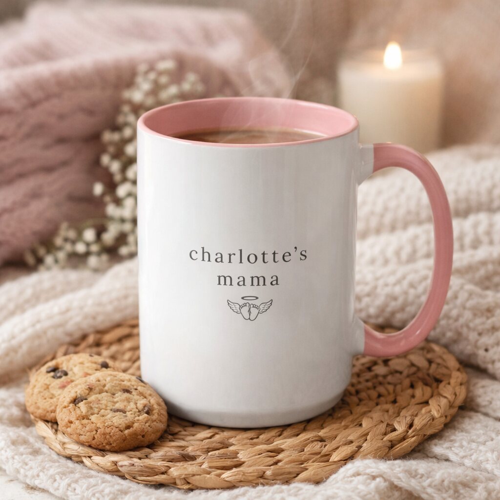 Personalized memorial mug reading Charlotte's mama in a softly styled home setting