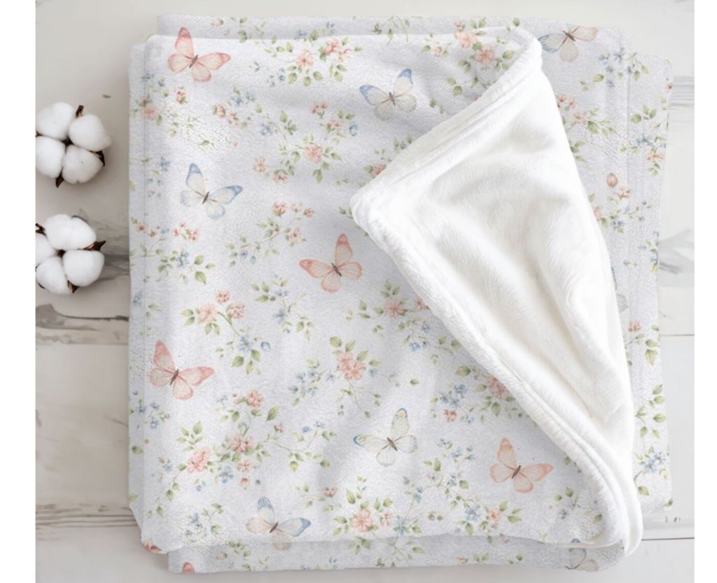 Pink and blue butterfly pregnancy and infant loss awareness blanket folded on a light surface