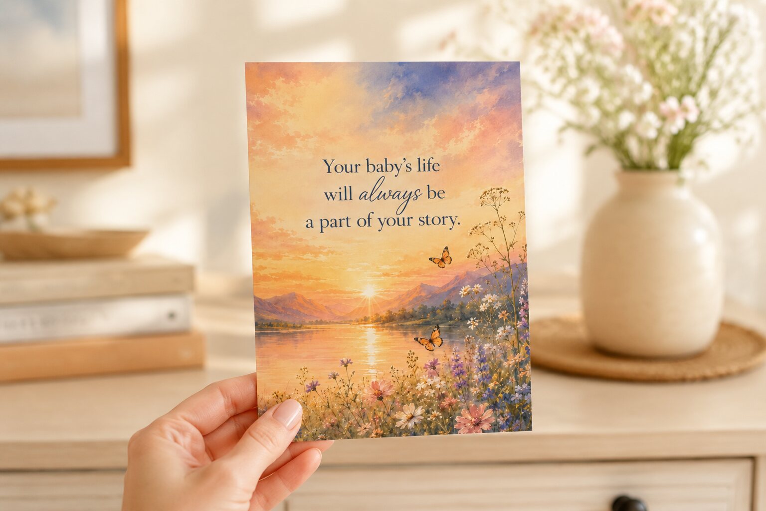 Pregnancy loss remembrance card held in a softly lit home